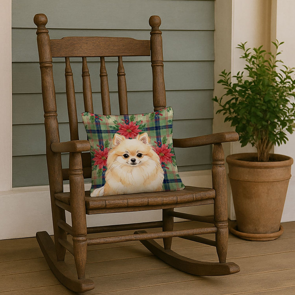 Cream Pomeranian Christmas Poinsettia Pillow