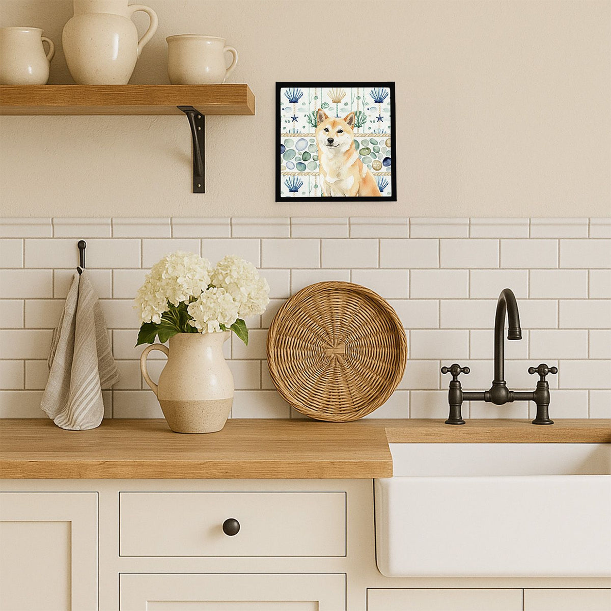 Cream Shiba Inu Coastal Sea Glass Wall Art
