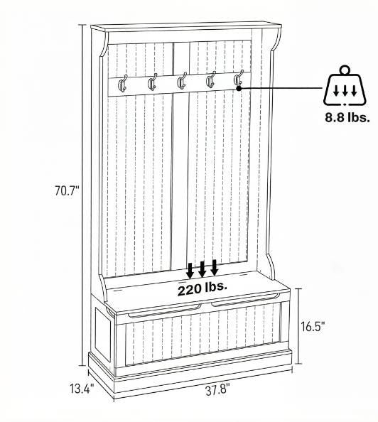 Cream White 3-In-1 Entryway Bench with Coat Rack Hall Tree with Bench And Shoe Storage 5