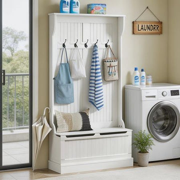 Cream White 3-In-1 Entryway Bench with Coat Rack Hall Tree with Bench And Shoe Storage 5