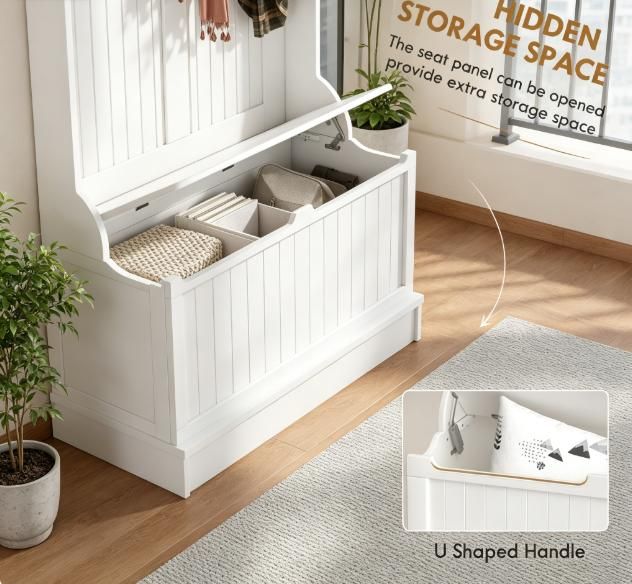 Cream White 3-In-1 Entryway Bench with Coat Rack Hall Tree with Bench And Shoe Storage 5
