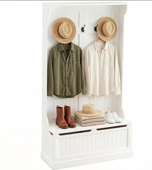 Cream White 3-In-1 Entryway Bench with Coat Rack Hall Tree with Bench And Shoe Storage 5