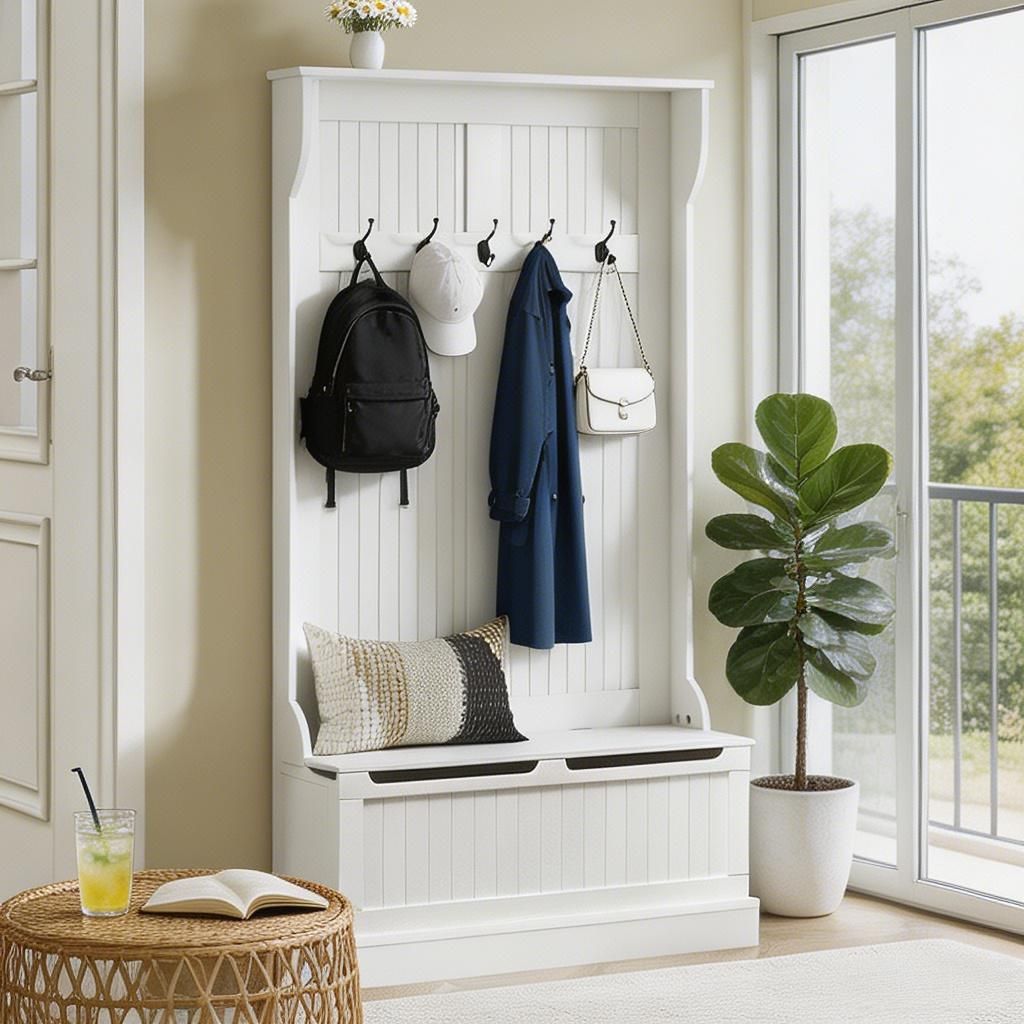 Cream White 3-In-1 Entryway Bench with Coat Rack Hall Tree with Bench And Shoe Storage 5