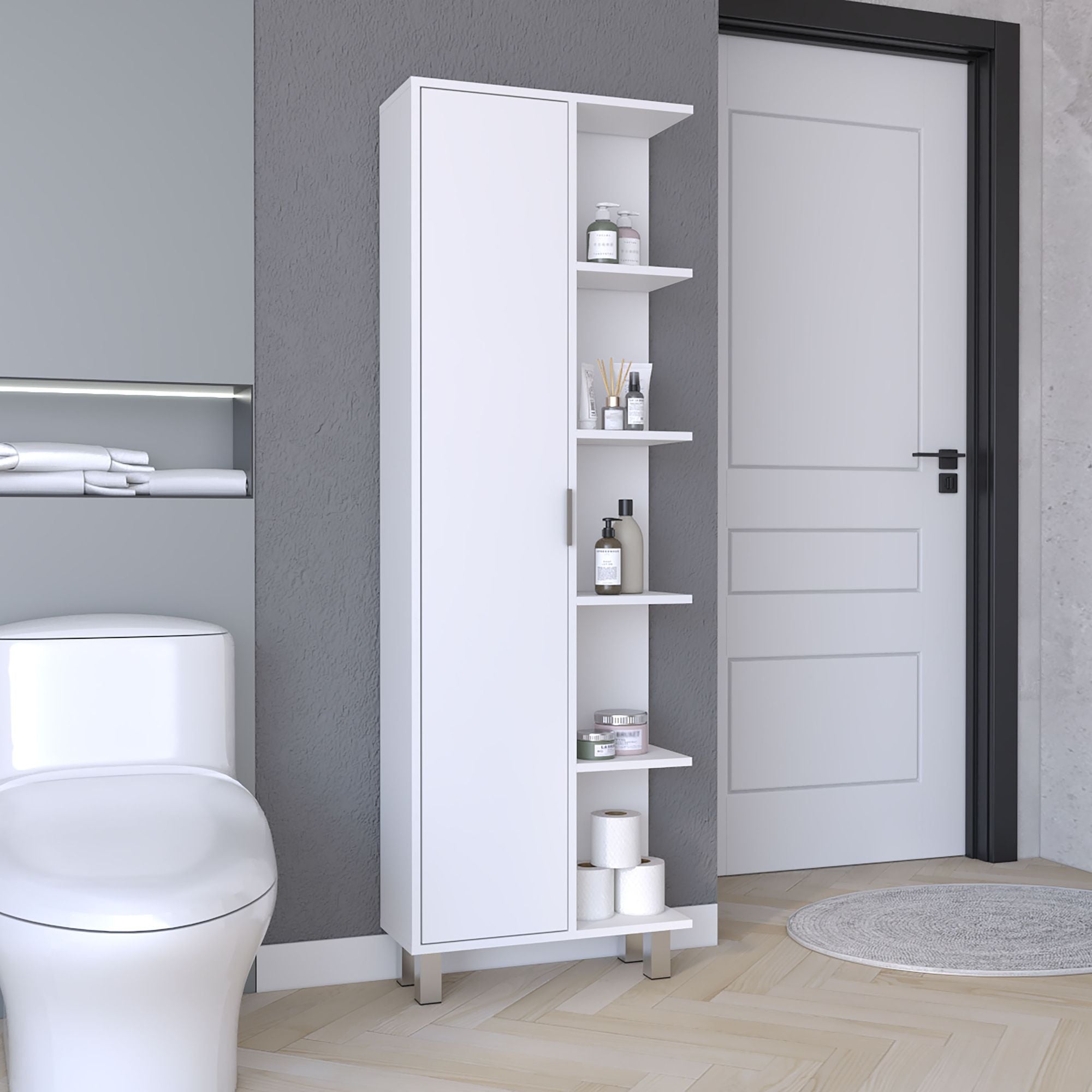 Tall White Bathroom Cabinet with Four Open Shelves
