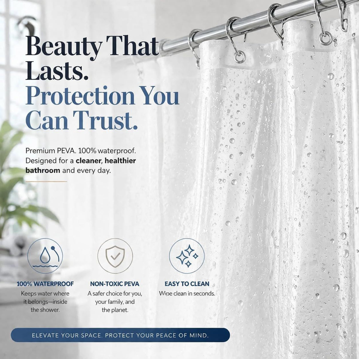 Clear water-ready Shower Curtain Liner with Weighted Magnets