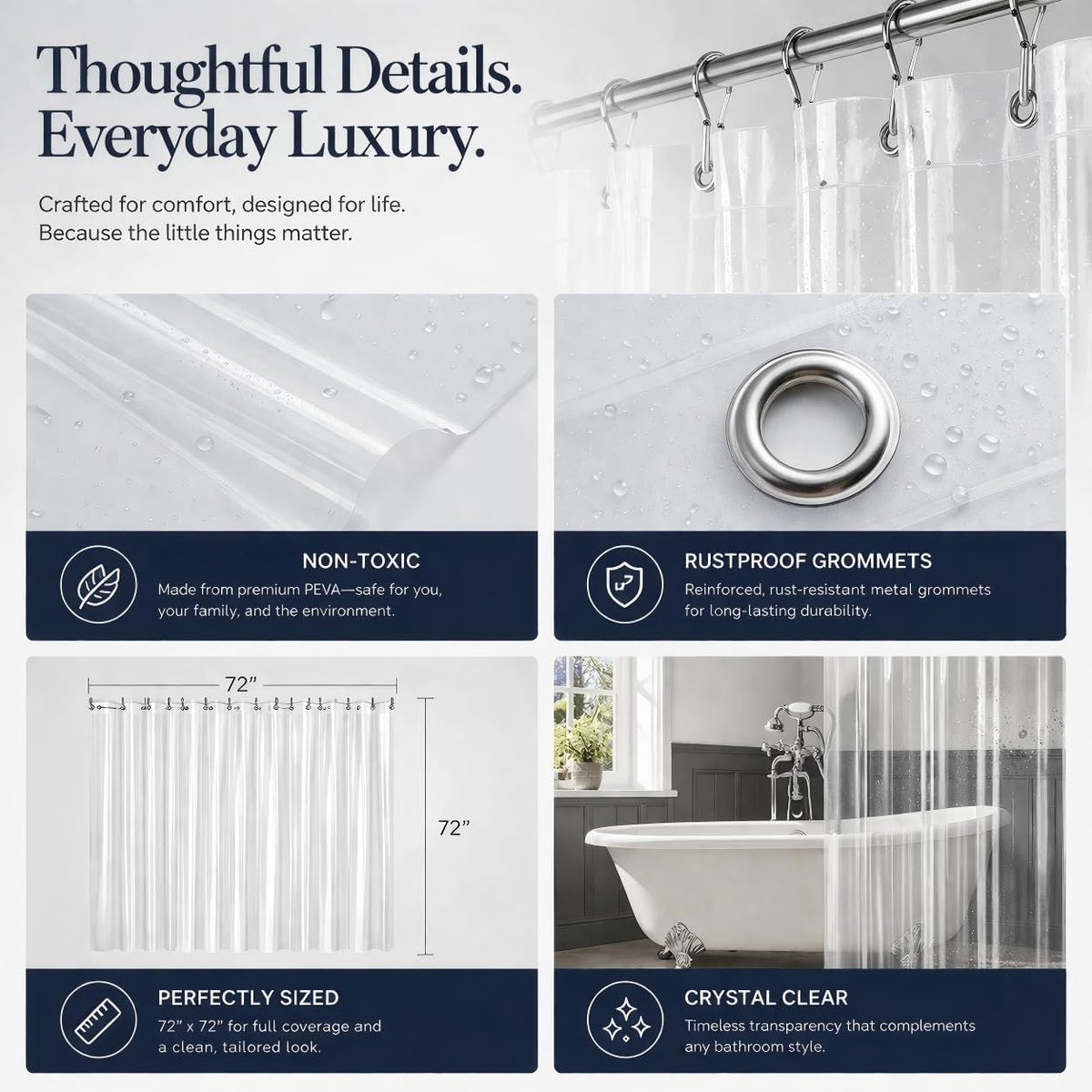 Clear water-ready Shower Curtain Liner with Weighted Magnets