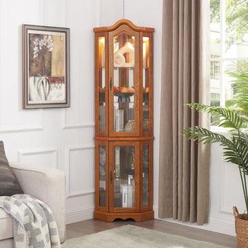 Lighted Oak Corner Curio Cabinet with Glass Doors