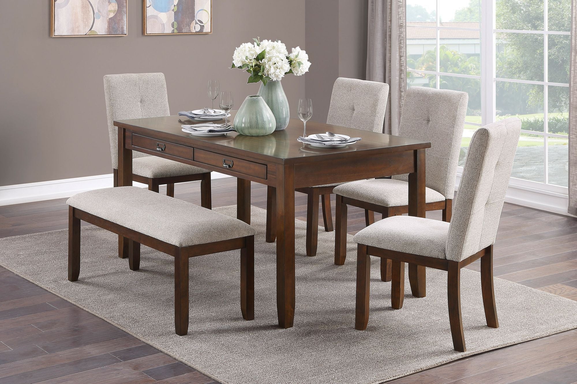Dark Cherry Finish Dining Table with 4 Drawers 1pc Transitional Style Wooden Funiture