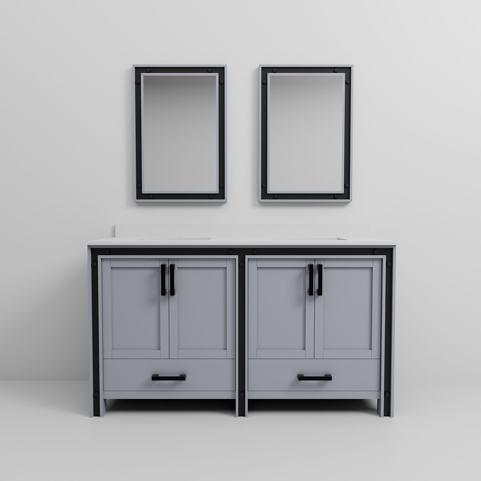 Dark Grey Double Bath Vanity with White Quartz Top and Two Mirrors