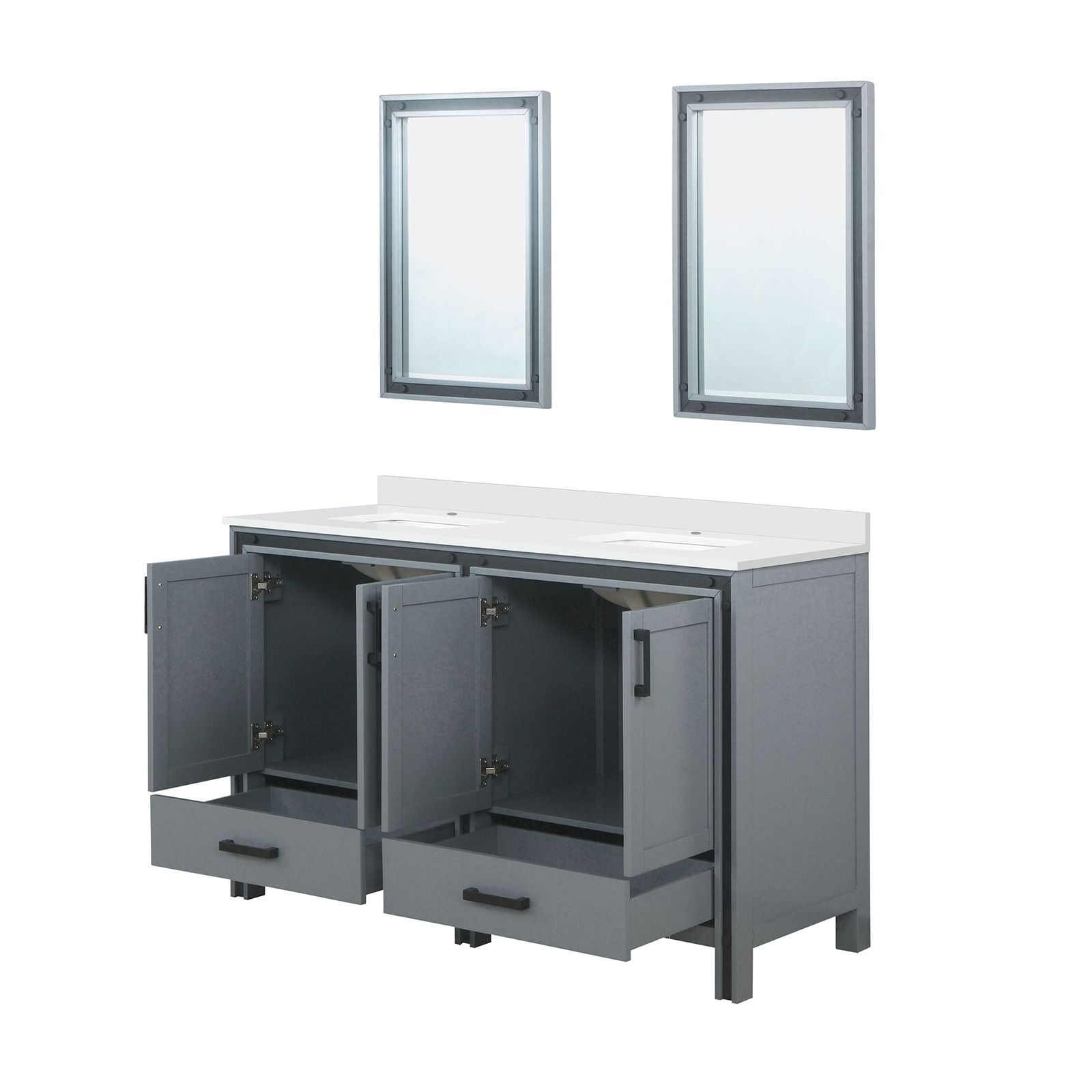 Dark Grey Double Bath Vanity with White Quartz Top and Two Mirrors