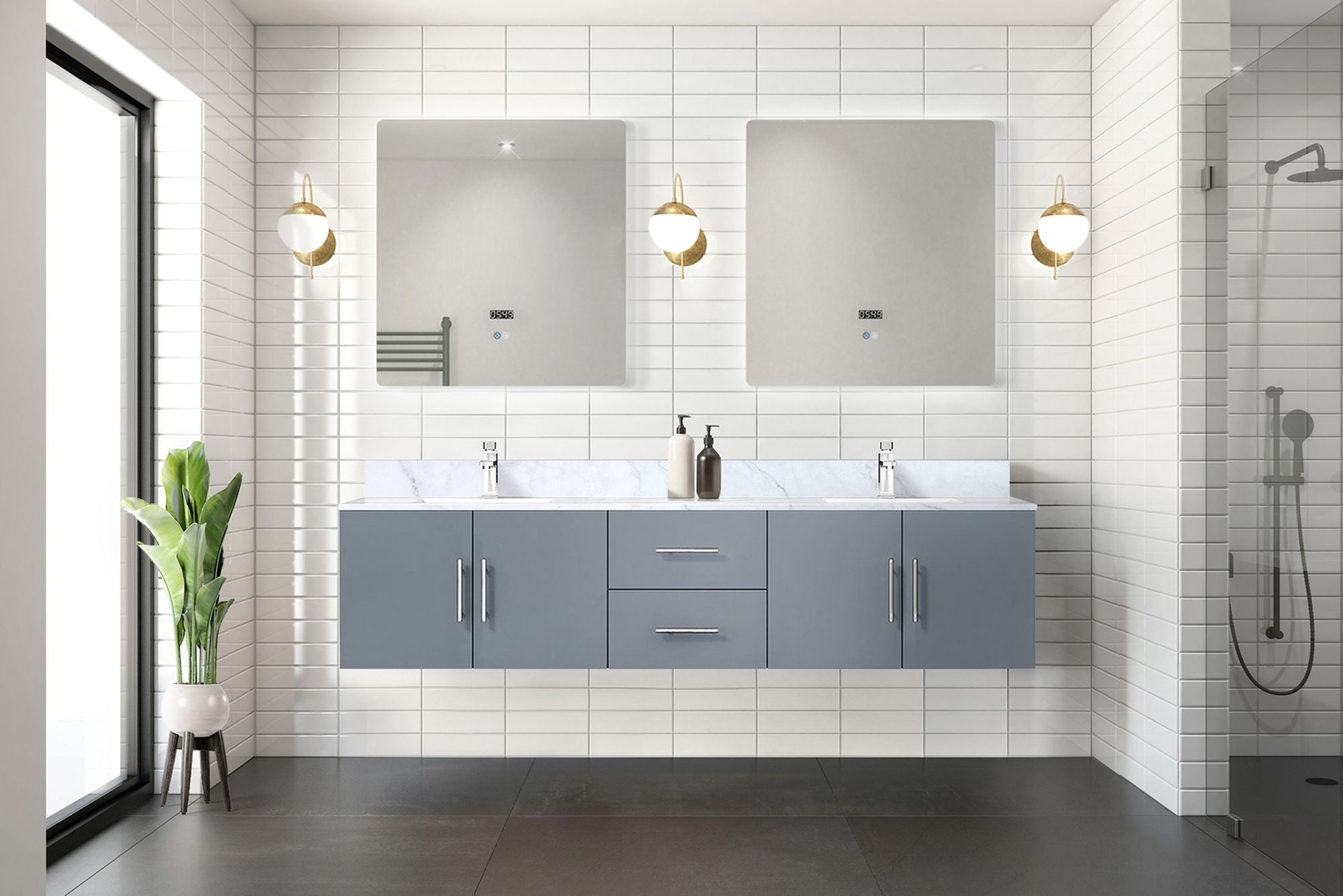 Dark Grey Double Bath Vanity with Carrara Marble Top and Faucet Set