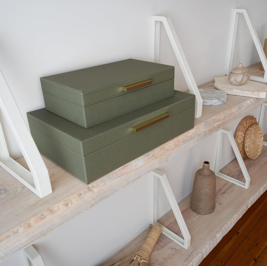 Decorative Storage Boxes Set of 2 – Sage Green Organizer Bins for Bookshelf