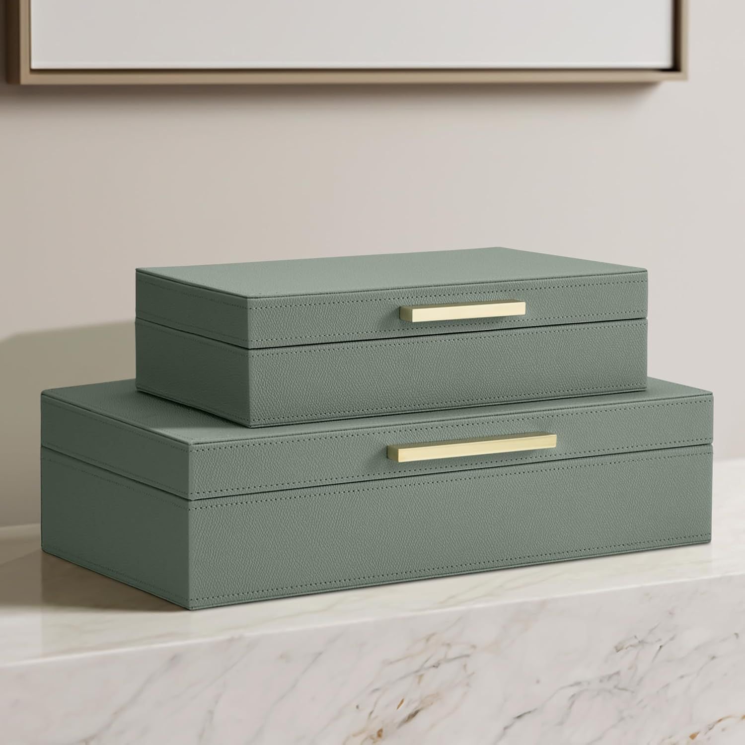 Decorative Storage Boxes Set of 2 – Sage Green Organizer Bins for Bookshelf