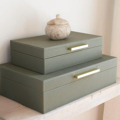 Decorative Storage Boxes Set of 2 – Sage Green Organizer Bins for Bookshelf