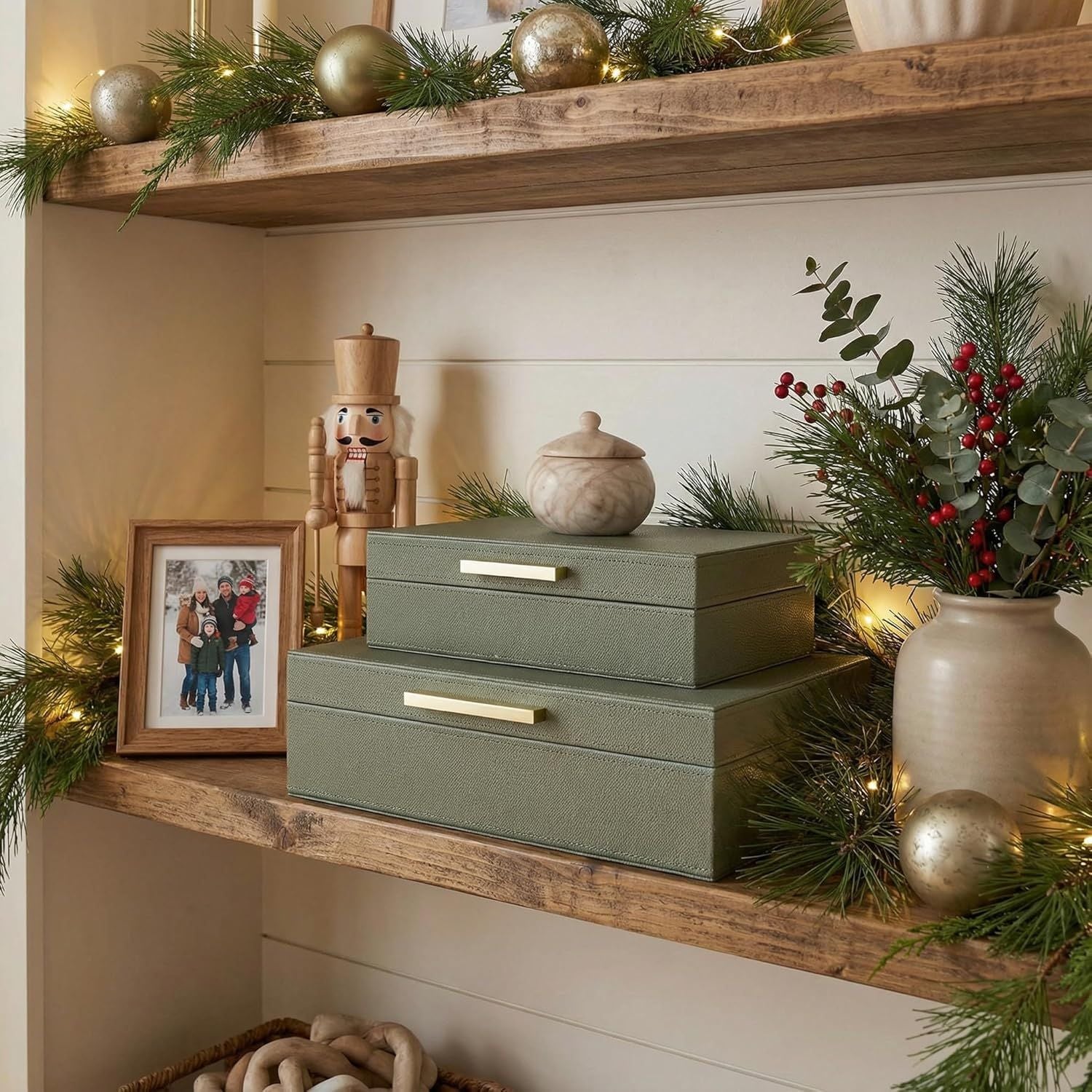 Decorative Storage Boxes Set of 2 – Sage Green Organizer Bins for Bookshelf