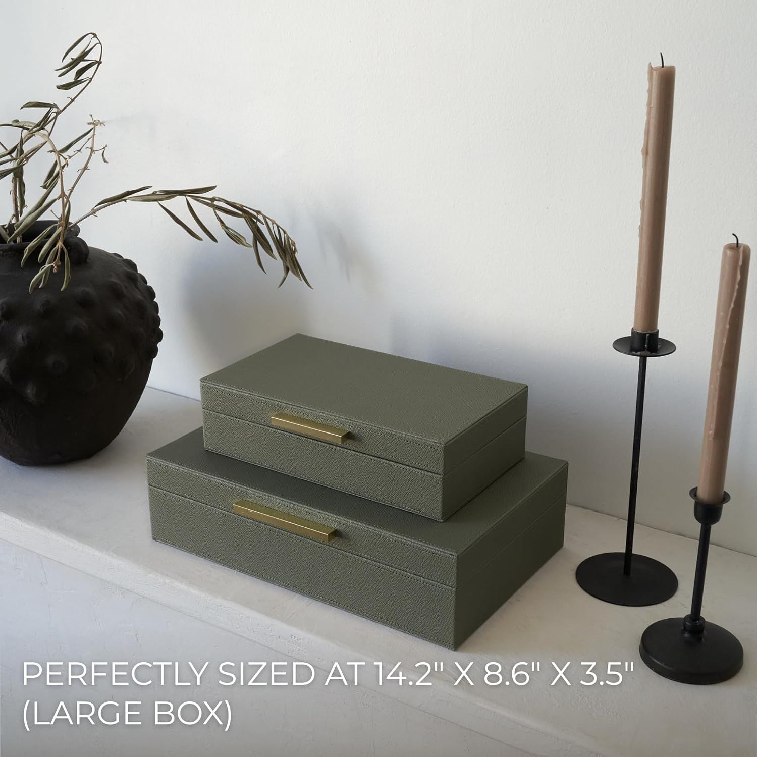Decorative Storage Boxes Set of 2 – Sage Green Organizer Bins for Bookshelf