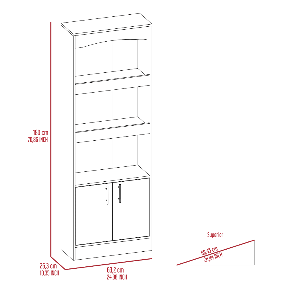 Dozza Bookcase with Three Shelves and Double Doors in Light Gray