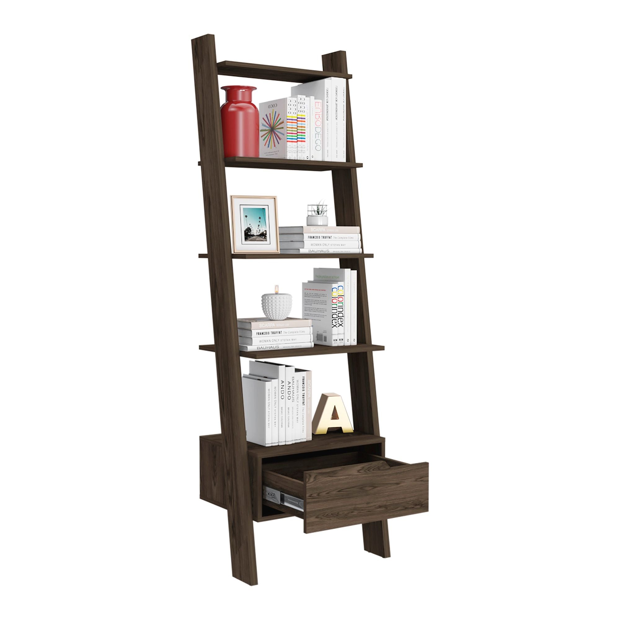 Kobe Ladder Bookcase with Five Open Shelves and Drawer