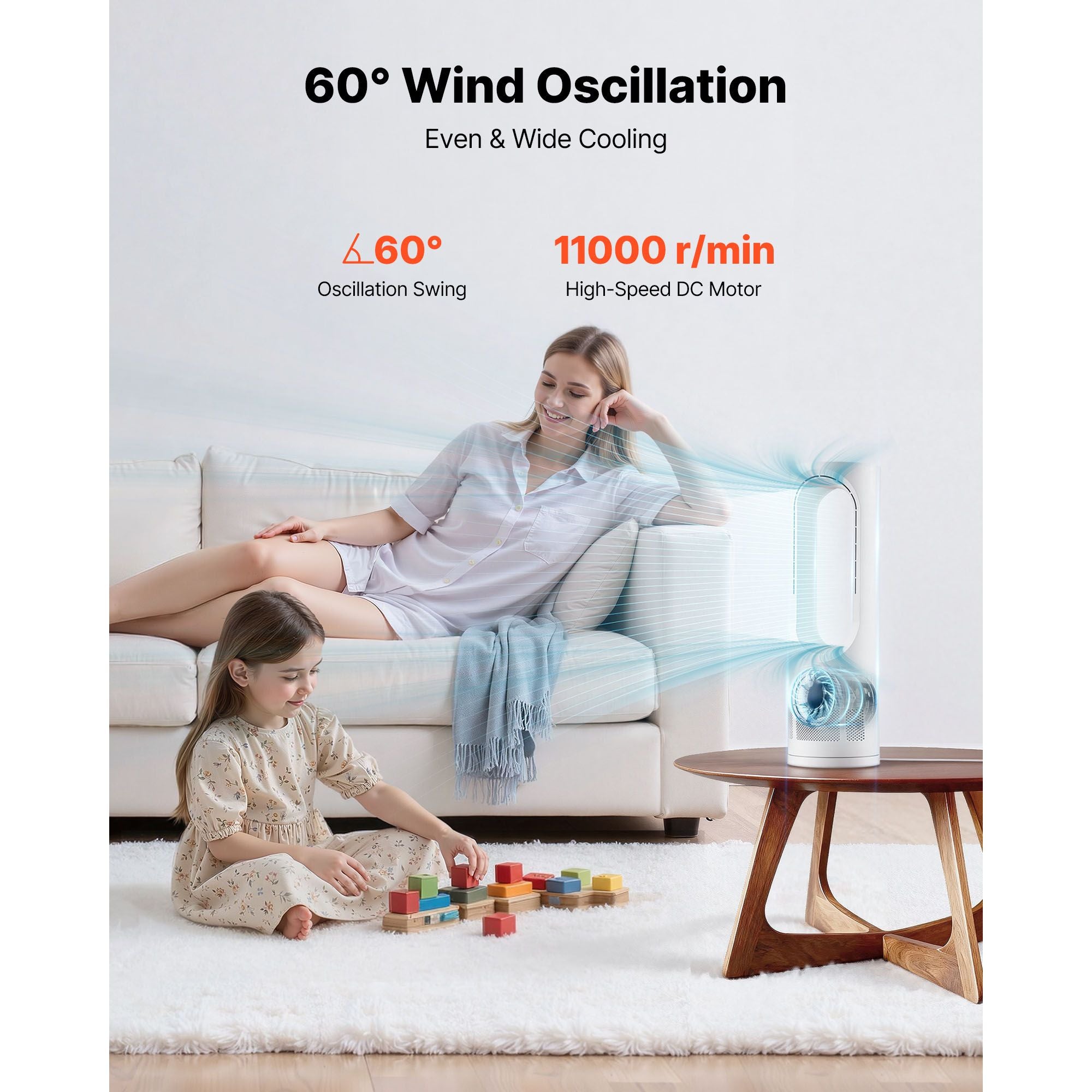 Quiet Bladeless Desk Fan with 60° Oscillation and Touch Control