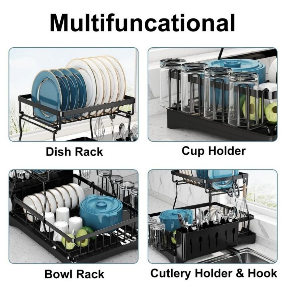 Detachable 2-Tier Dish Drying Rack with Drainboard – Rustproof Kitchen Countertop Organizer