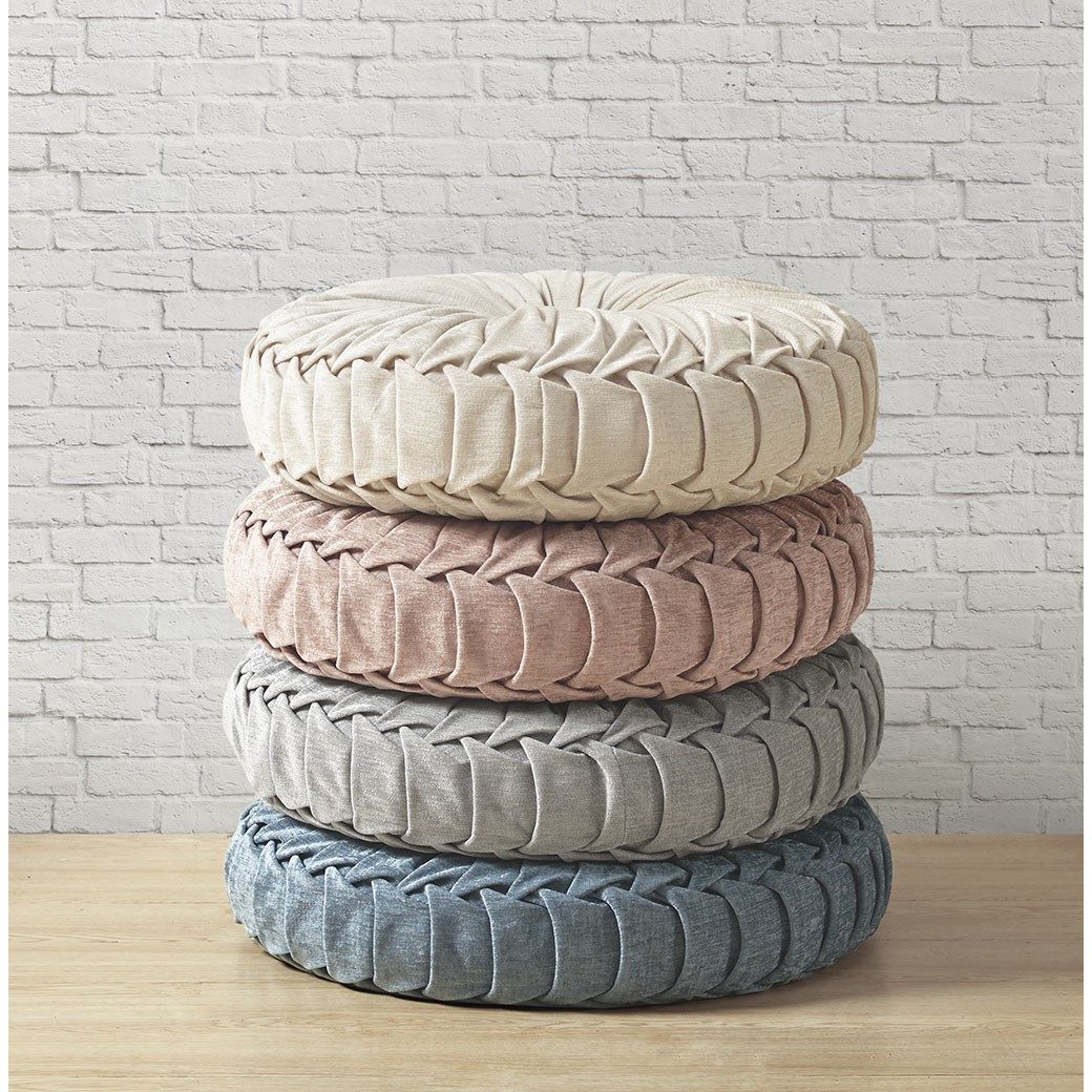 Textured Poly Chenille Round Floor Pillow Cushion with Tufted Button Center