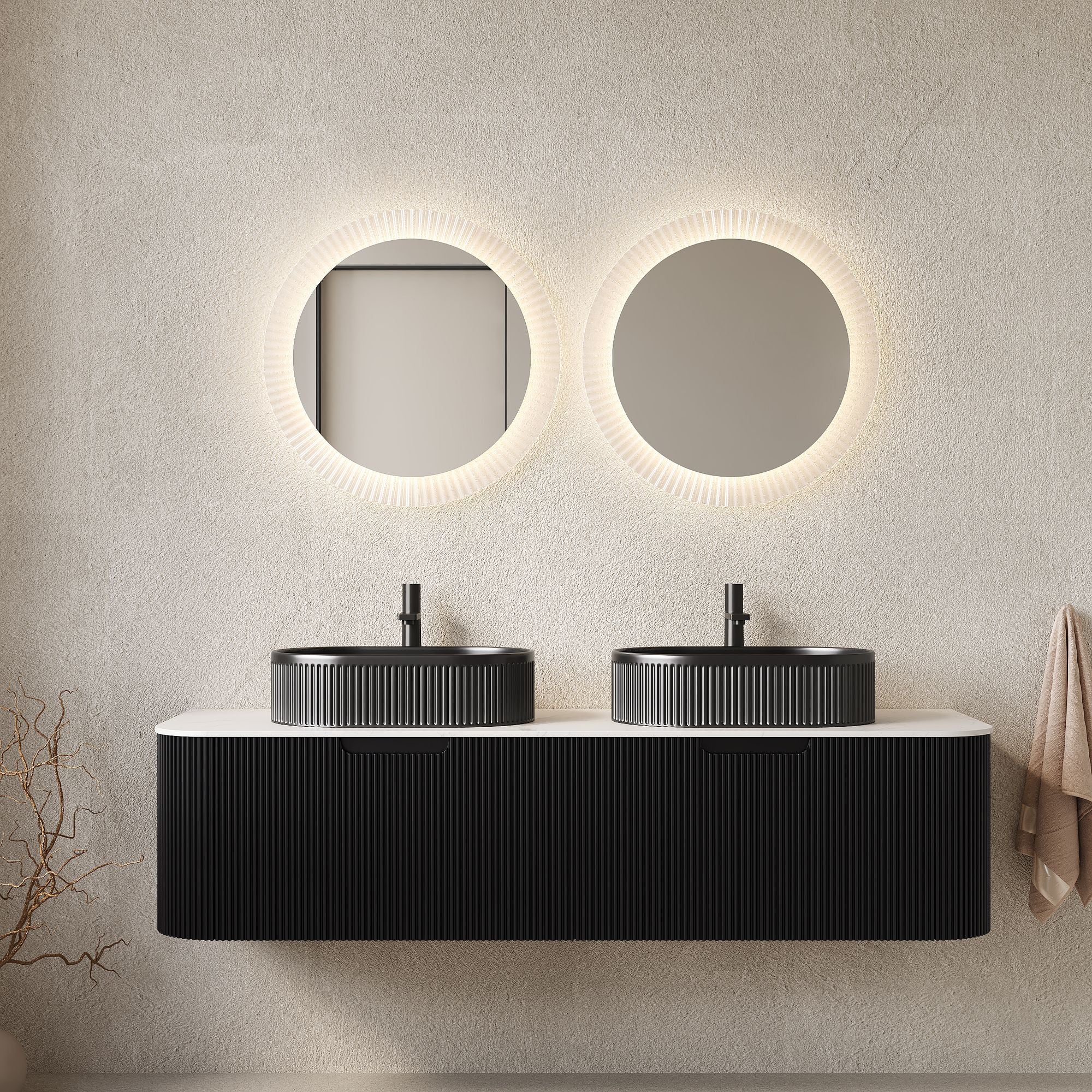 DINA Bathroom Vanity&Sinks, Floating Curved Edges Striped Plywood Storage Cabinet with