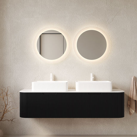 DINA Bathroom Vanity&Sinks, Floating Curved Edges Striped Plywood Storage Cabinet with