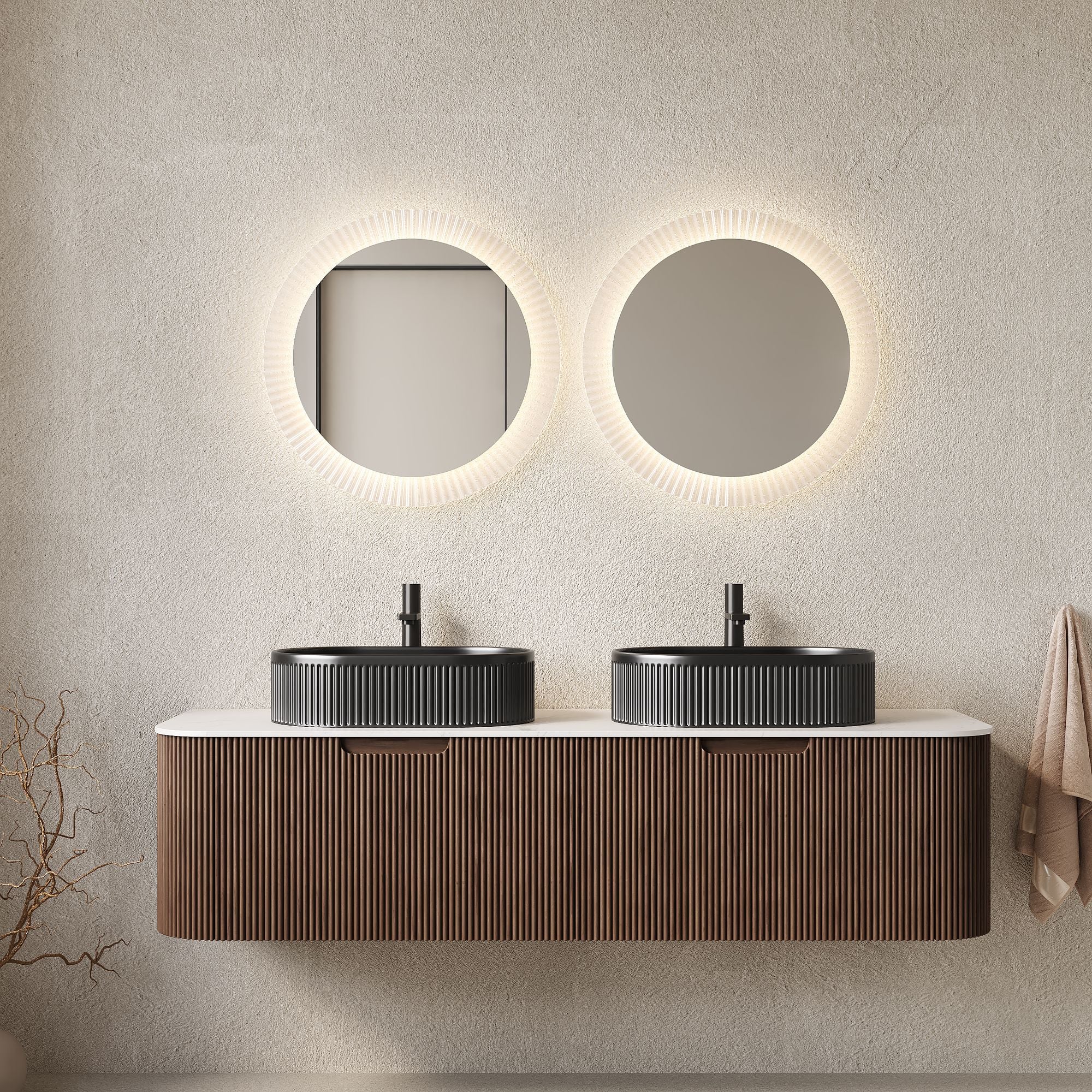 DINA Bathroom Vanity&Sinks, Floating Curved Edges Striped Storage Cabinet with 2