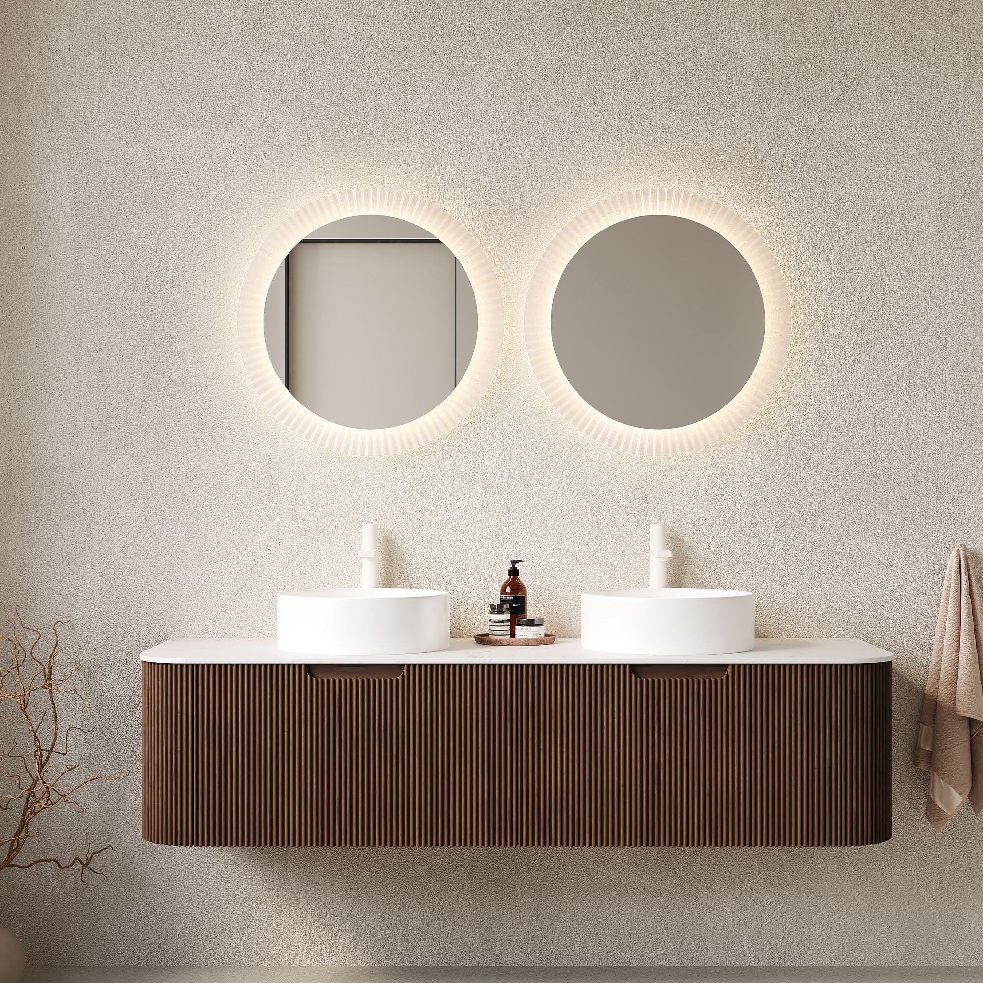 DINA Bathroom Vanity&Sinks, Floating Curved Edges Striped Storage Cabinet with 2 Drawers, 2 Whit