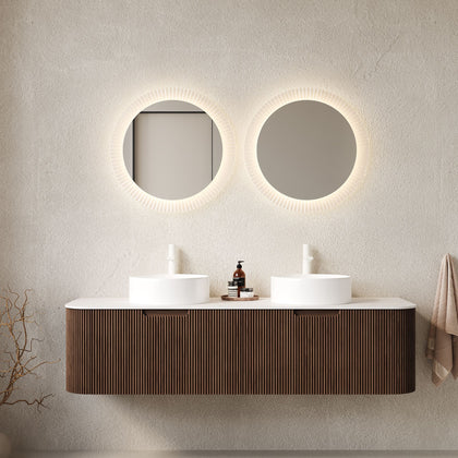 DINA Bathroom Vanity&Sinks, Floating Curved Edges Striped Storage Cabinet with 2 Drawers, 2 Whit