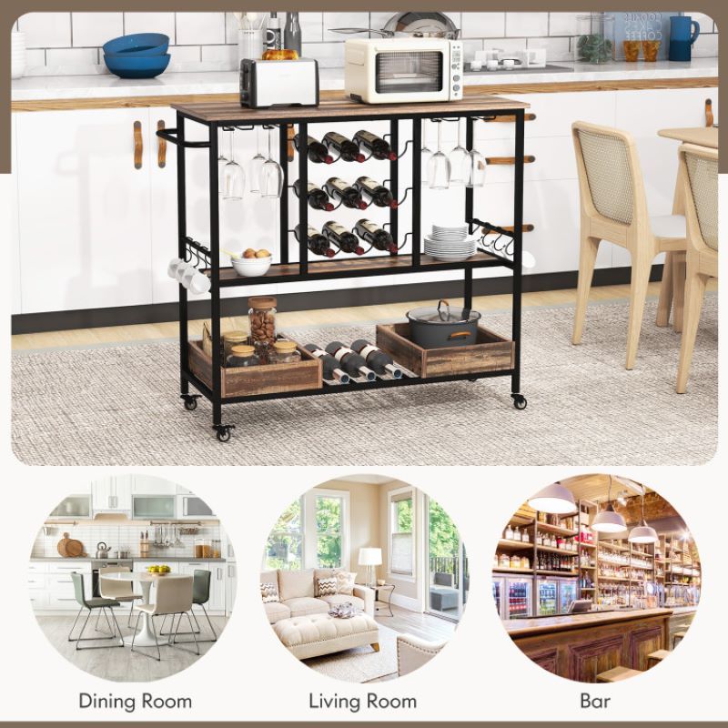Rolling Bar Cart with Glass Racks and Bottle Holders