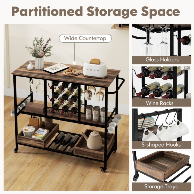 Rolling Bar Cart with Glass Racks and Bottle Holders