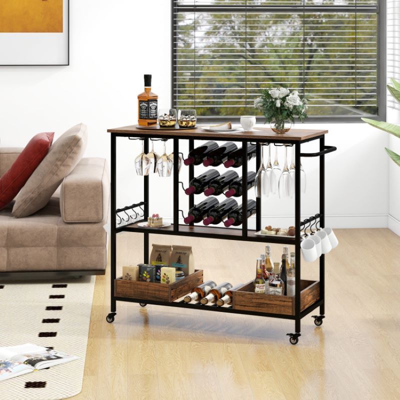 Rolling Bar Cart with Glass Racks and Bottle Holders