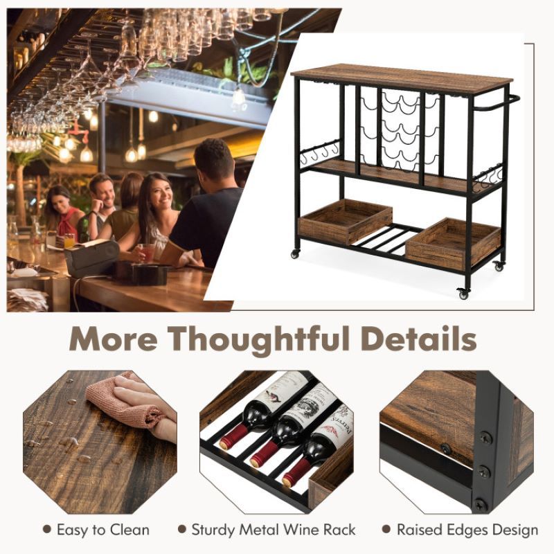 Rolling Bar Cart with Glass Racks and Bottle Holders