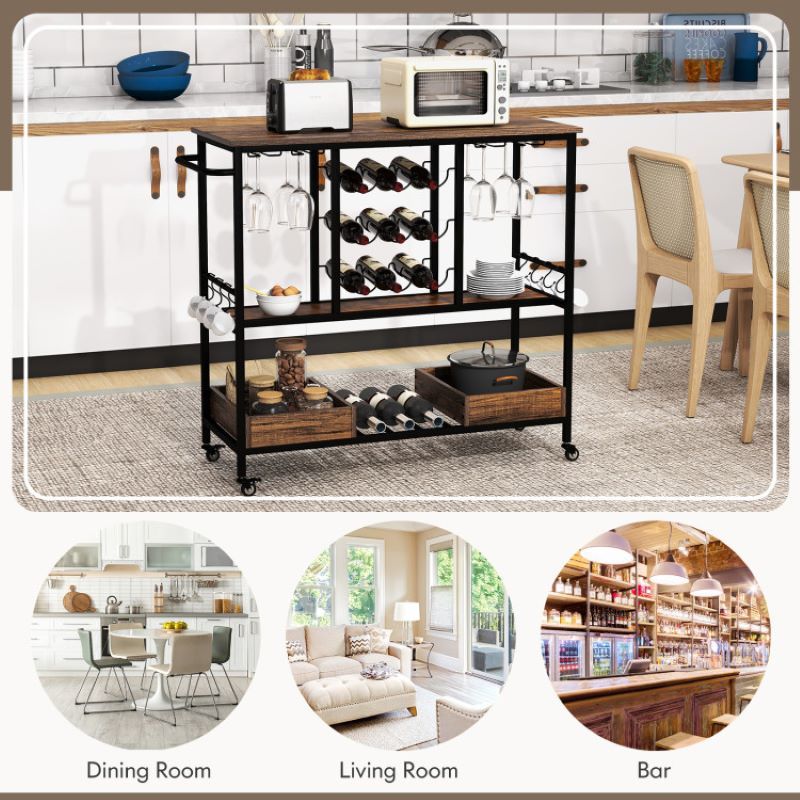 Rolling Bar Cart with Glass Racks and Bottle Holders