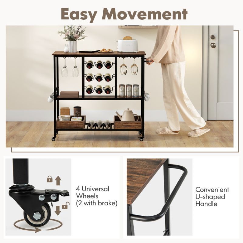 Rolling Bar Cart with Glass Racks and Bottle Holders