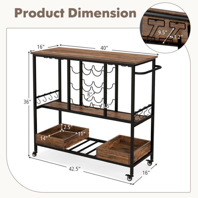 Rolling Bar Cart with Glass Racks and Bottle Holders