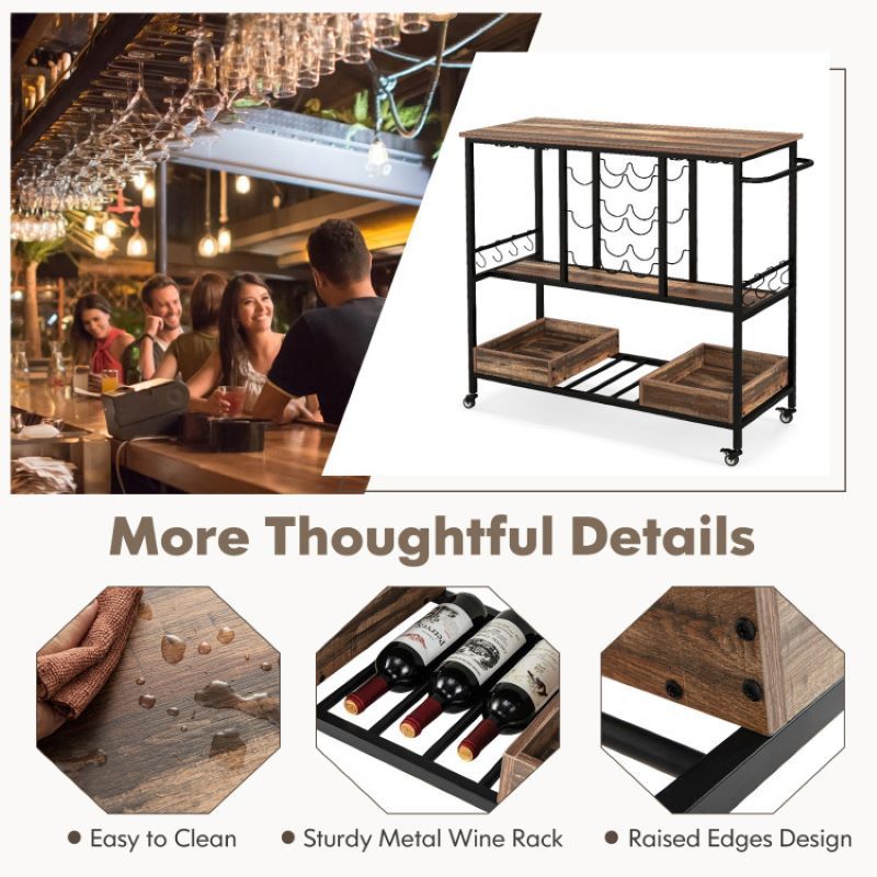 Rolling Bar Cart with Glass Racks and Bottle Holders