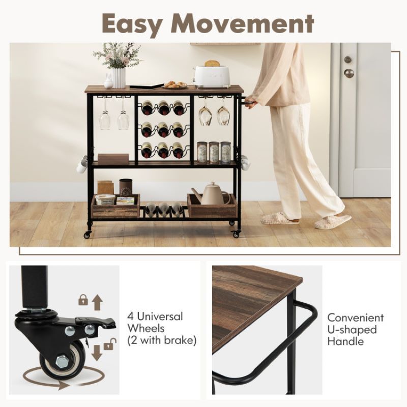 Rolling Bar Cart with Glass Racks and Bottle Holders