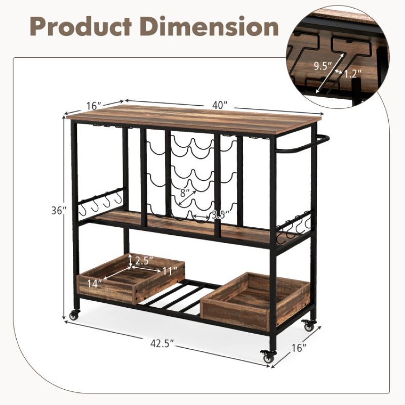 Rolling Bar Cart with Glass Racks and Bottle Holders
