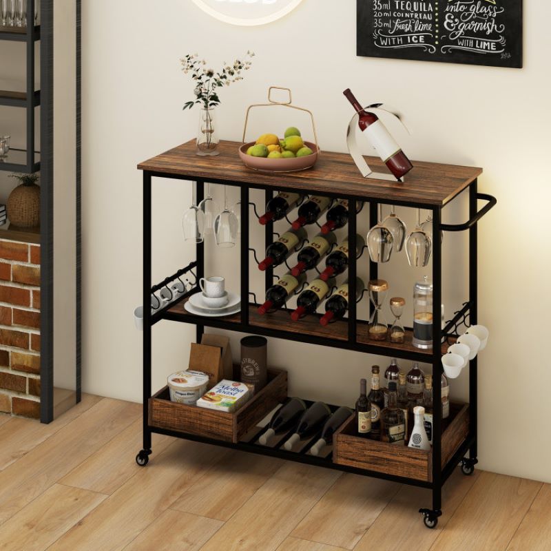 Rolling Bar Cart with Glass Racks and Bottle Holders