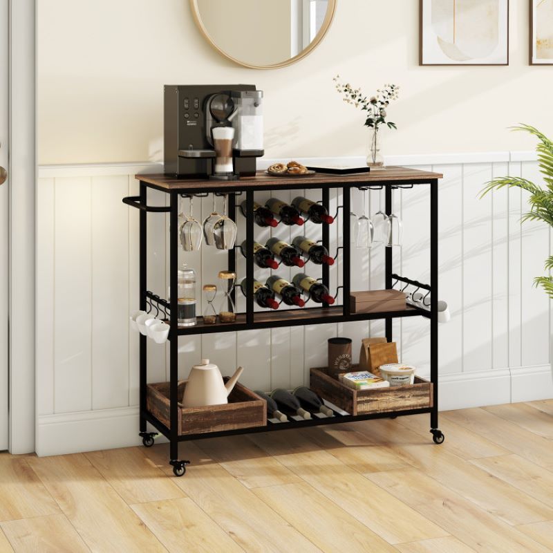 Rolling Bar Cart with Glass Racks and Bottle Holders