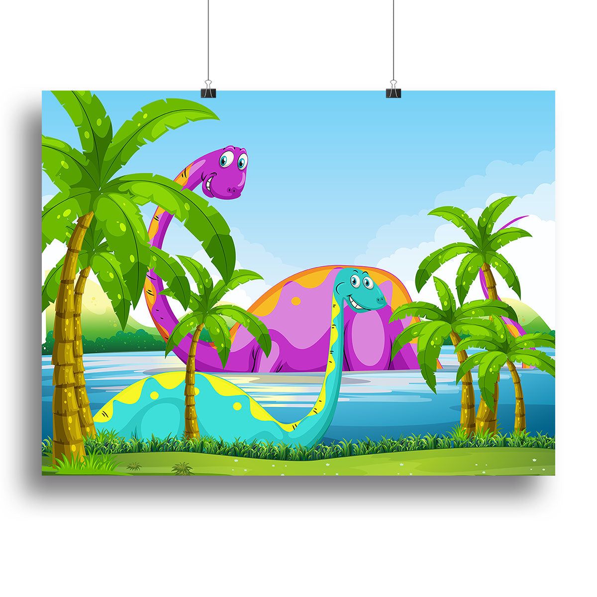 Dinosaur Having Fun in the Lake Wall Art - Large (24" x 16") / Standard Framed Canvas Print