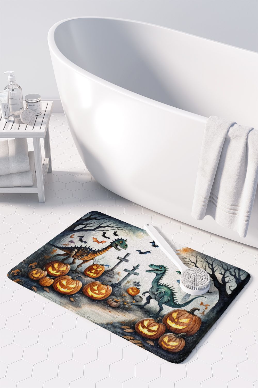 Spooky Dinosaur Halloween Cushioned Kitchen and Bath Mat