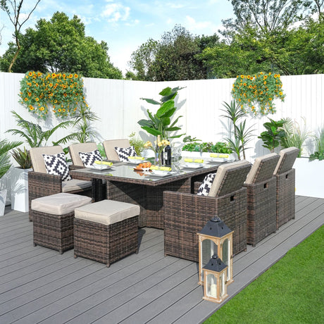 11-Piece Outdoor Wicker Dining Set with Weather-Resistant Rattan and Cushions