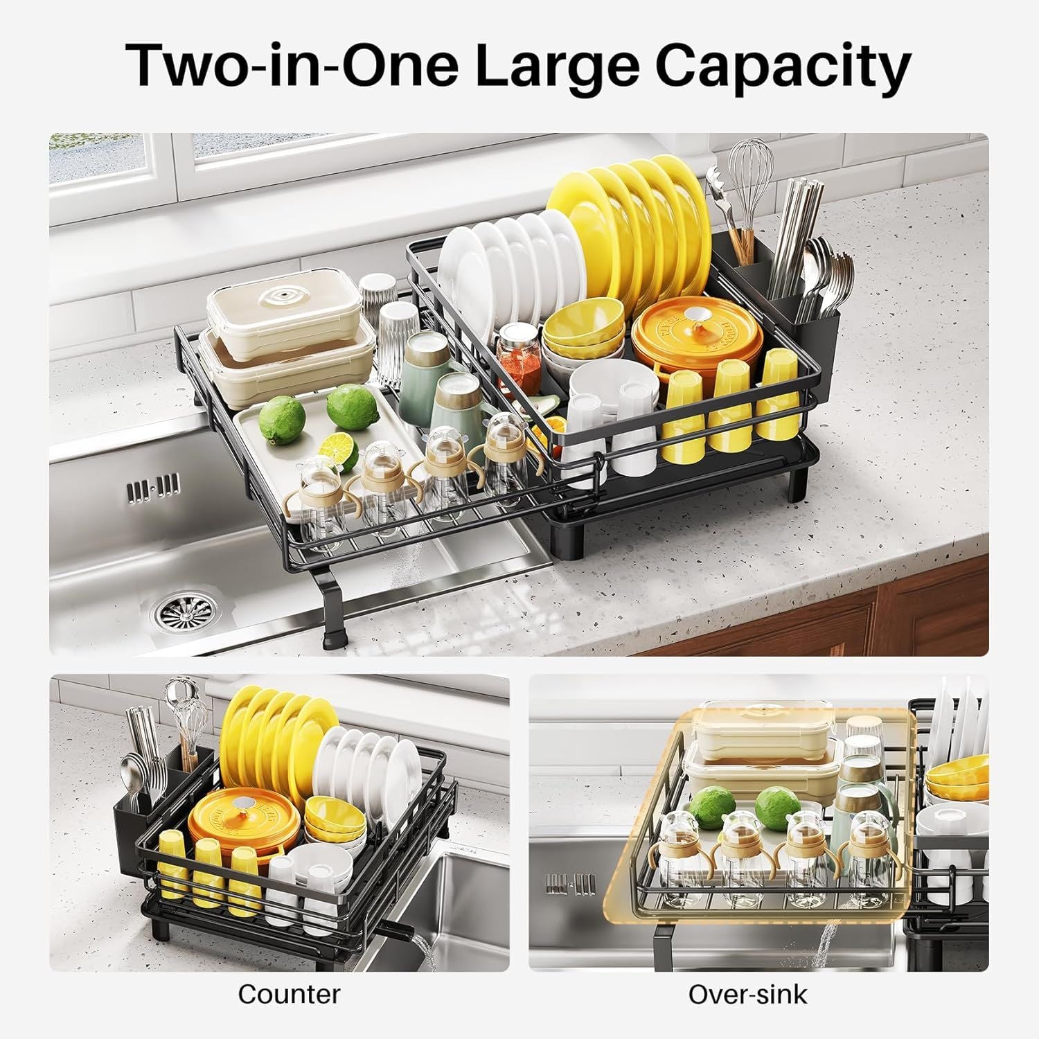 Extendable Dish Drying Rack – Stainless Steel Dish Drainer with Utensil Holder for Kitchen Counter
