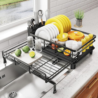 Extendable Dish Drying Rack – Stainless Steel Dish Drainer with Utensil Holder for Kitchen Counter