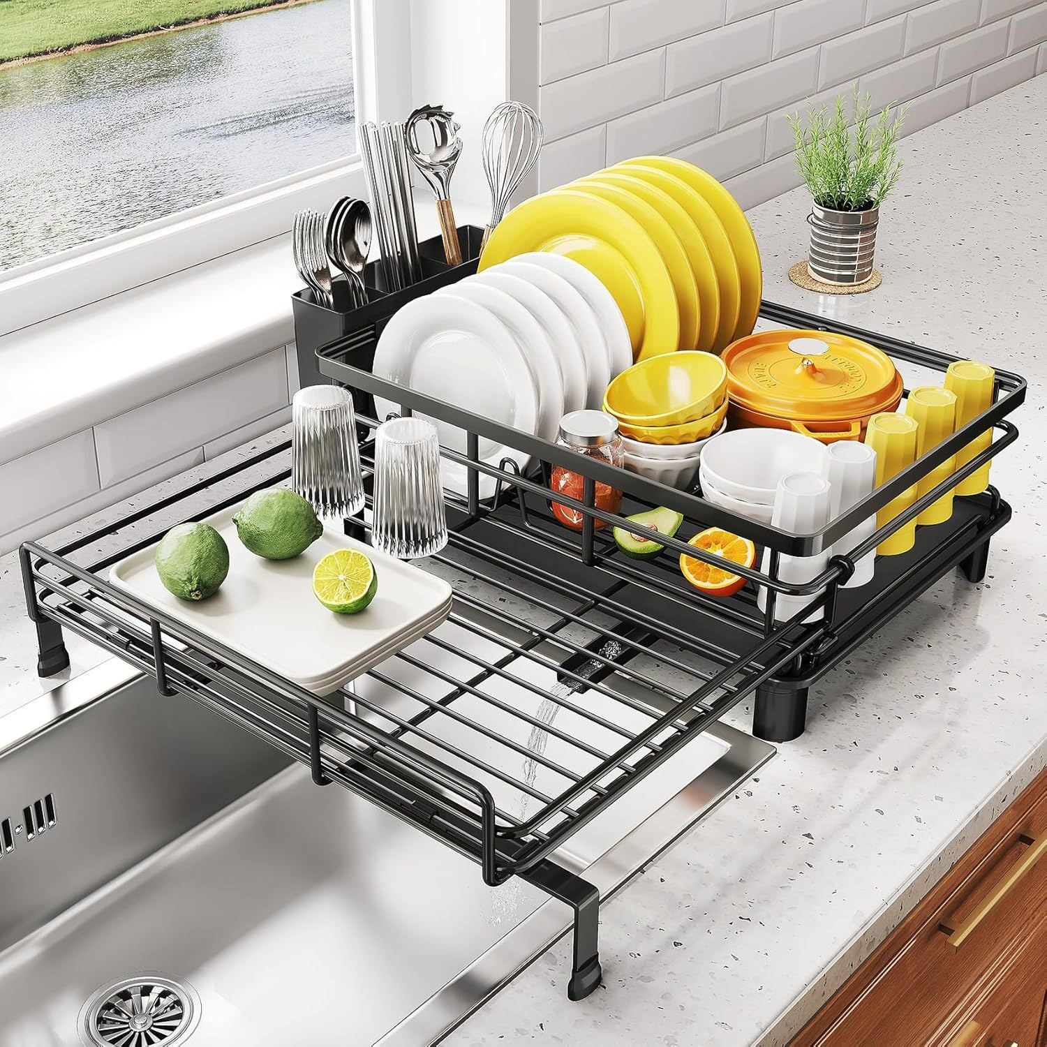 Extendable Dish Drying Rack – Stainless Steel Dish Drainer with Utensil Holder for Kitchen Counter