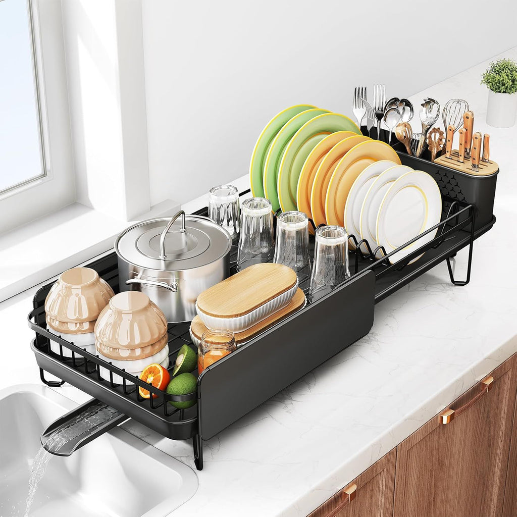 Expandable Dish Drying Rack with Cutlery Holder – Streamline Your Kitchen Counter
