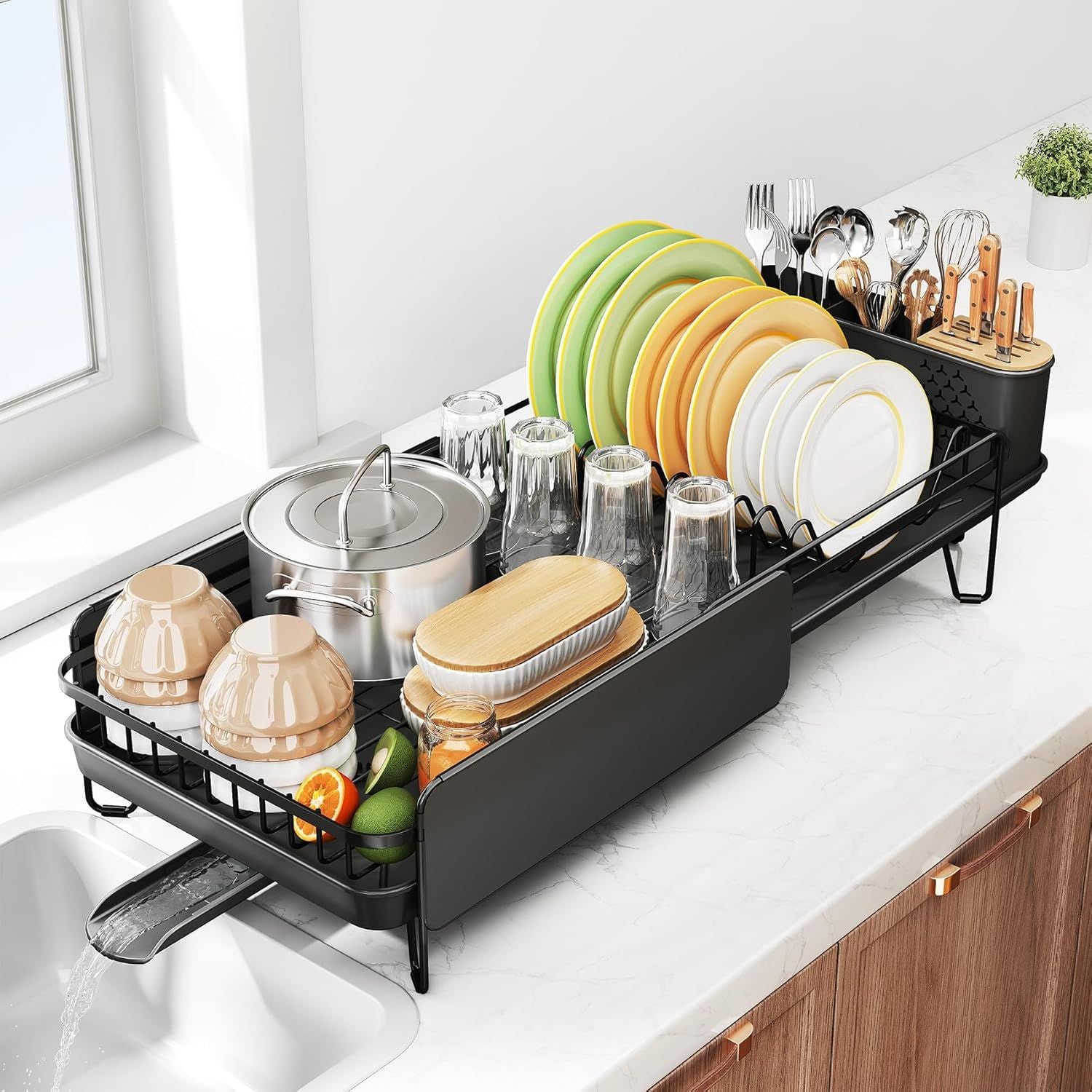 Expandable Dish Drying Rack with Cutlery Holder – Streamline Your Kitchen Counter